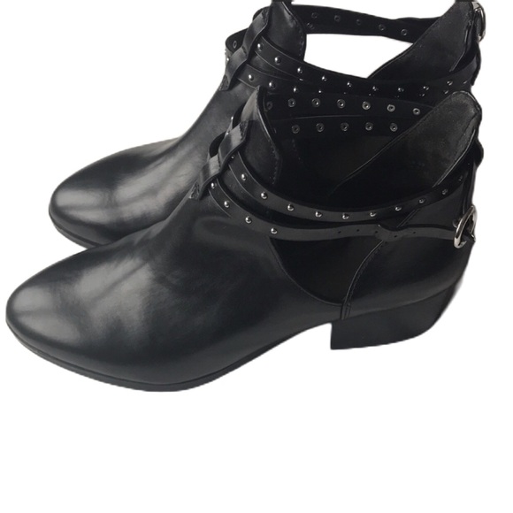 H&M Shoes - H&M black faux leather pointed toe block heel studded ankle booties open on side